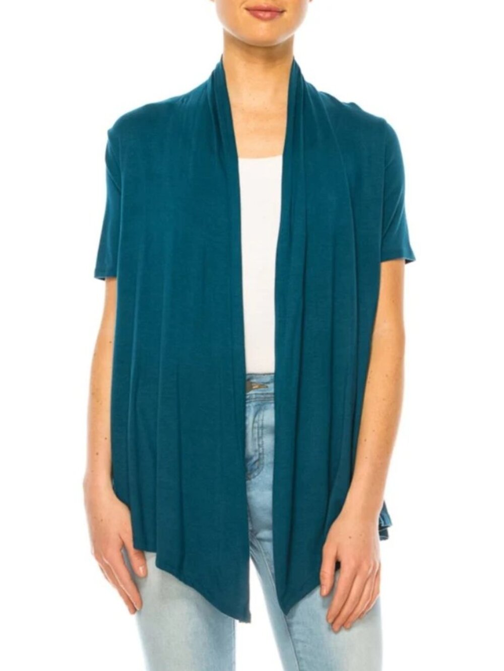 MOA Collection Teal Short Sleeve Asymmetrical Hem Cardigan